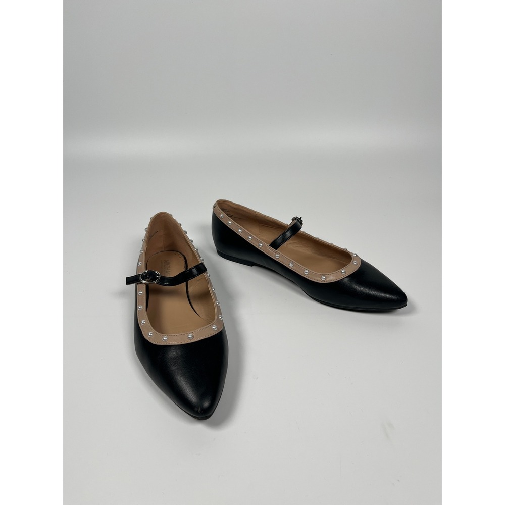 Mary Jane Pointed Toe Flats Womens 8 Black Faux Pearl Office Chic Minimalist